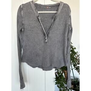 Free People FP One Thermal Henley Long Sleeve Waffle Knit Gray Sz L, Like New